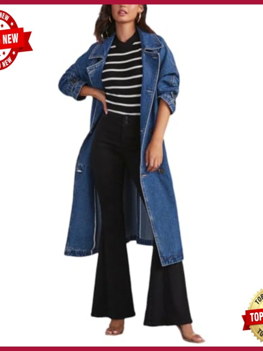 Long Denim Trench Coat Double Breasted Oversize Jacket - Picture 2 of 6
